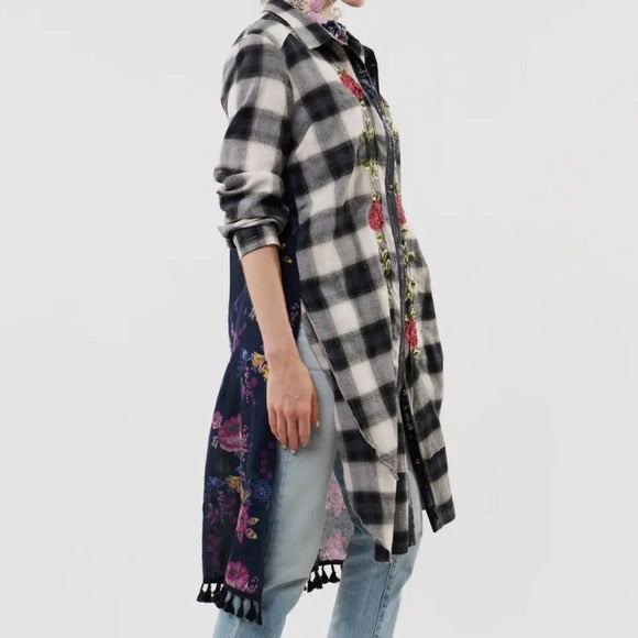 ARATTA Feeling Special Embroidered High Low Plaid Shirtt Dress With Fringe