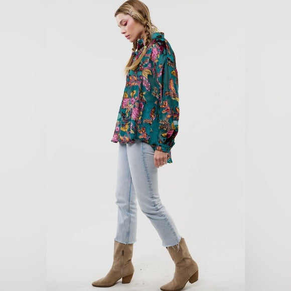 ARATTA Colorful Embroidered Unique Holiday Jewels Days Blouse Teal