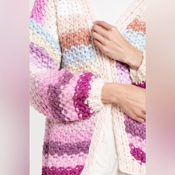 Anthropologie SAACHI Cozy Chunky Boho Pink Rainbow Knitted Cardigan