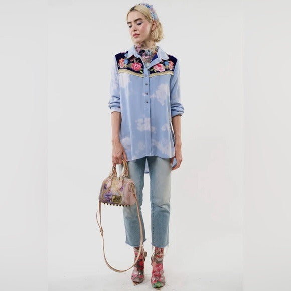 ARATTA Miss Texas Shirt Embroidered Boho Chic Blouse Blue