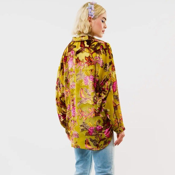 ARATTA Burnout Velvet Holiday Jewels Blouse Crystal Brooch