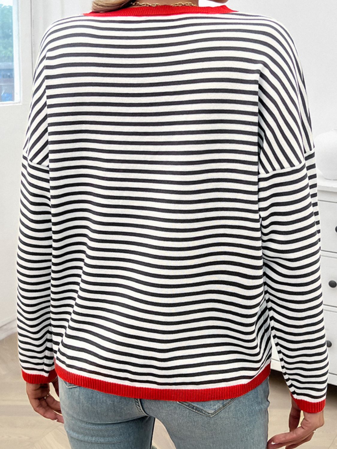 Devine Striped Round Neck Dropped Shoulder Sweater