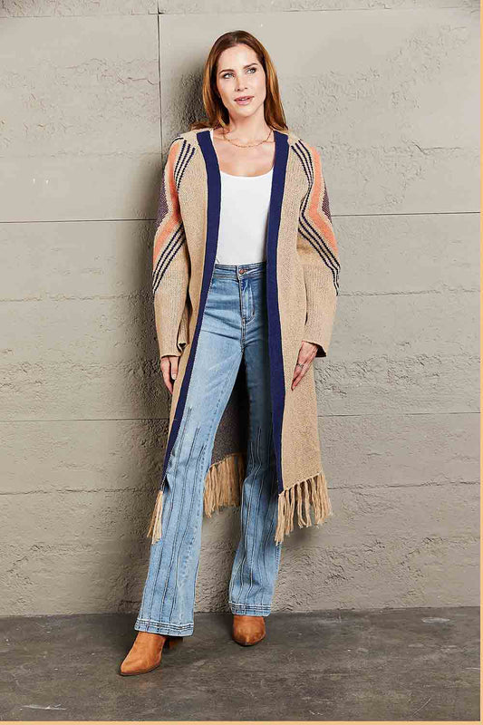 Angel Wings Geometric Fringe Hem Open Front Duster Cardigan