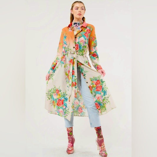 ARATTA Boho Luxe Floral Ombré Embellished Zinnia Shirt Dress withh Velvet Collar