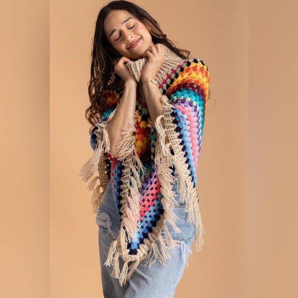 SAACHI/ Anthropologie RAINBOW CROCHET TURTLENECK SWEATER PONCHO