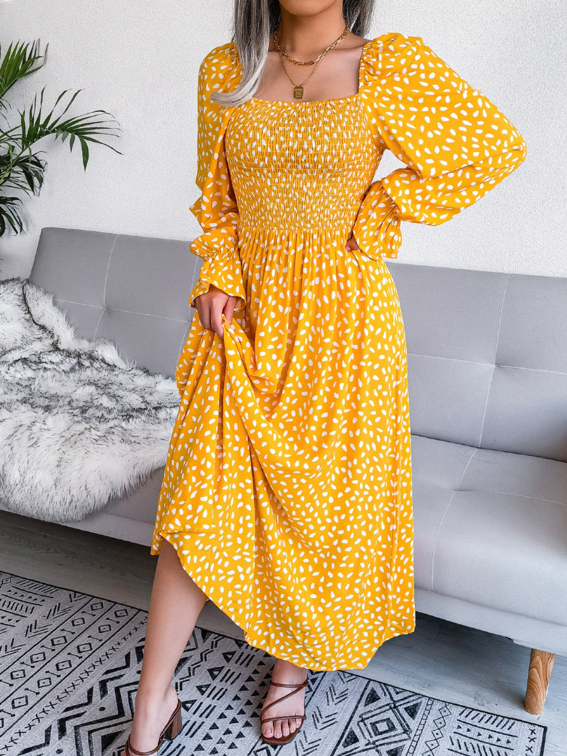 Smocked Square Neck Flounce Sleeve Dress