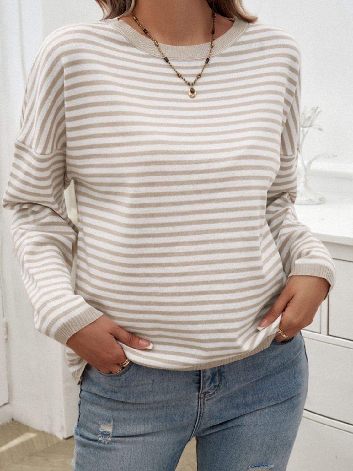 Devine Striped Round Neck Dropped Shoulder Sweater