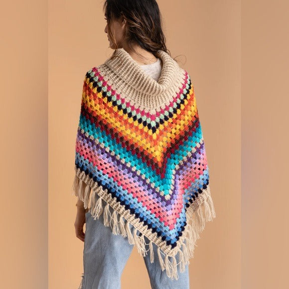 SAACHI/ Anthropologie RAINBOW CROCHET TURTLENECK SWEATER PONCHO