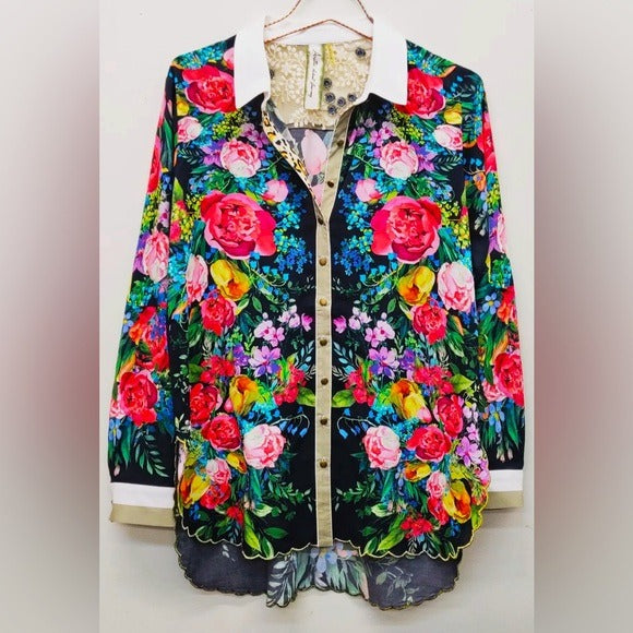 ARATTA Black & Vibrant Floral Embroidered Button Up Blouse with Embellishments