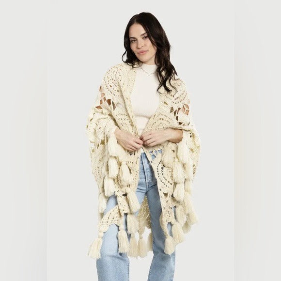 Anthropologie SAACHI Cozy Oversized Boho Crochet Sunshine Shawl