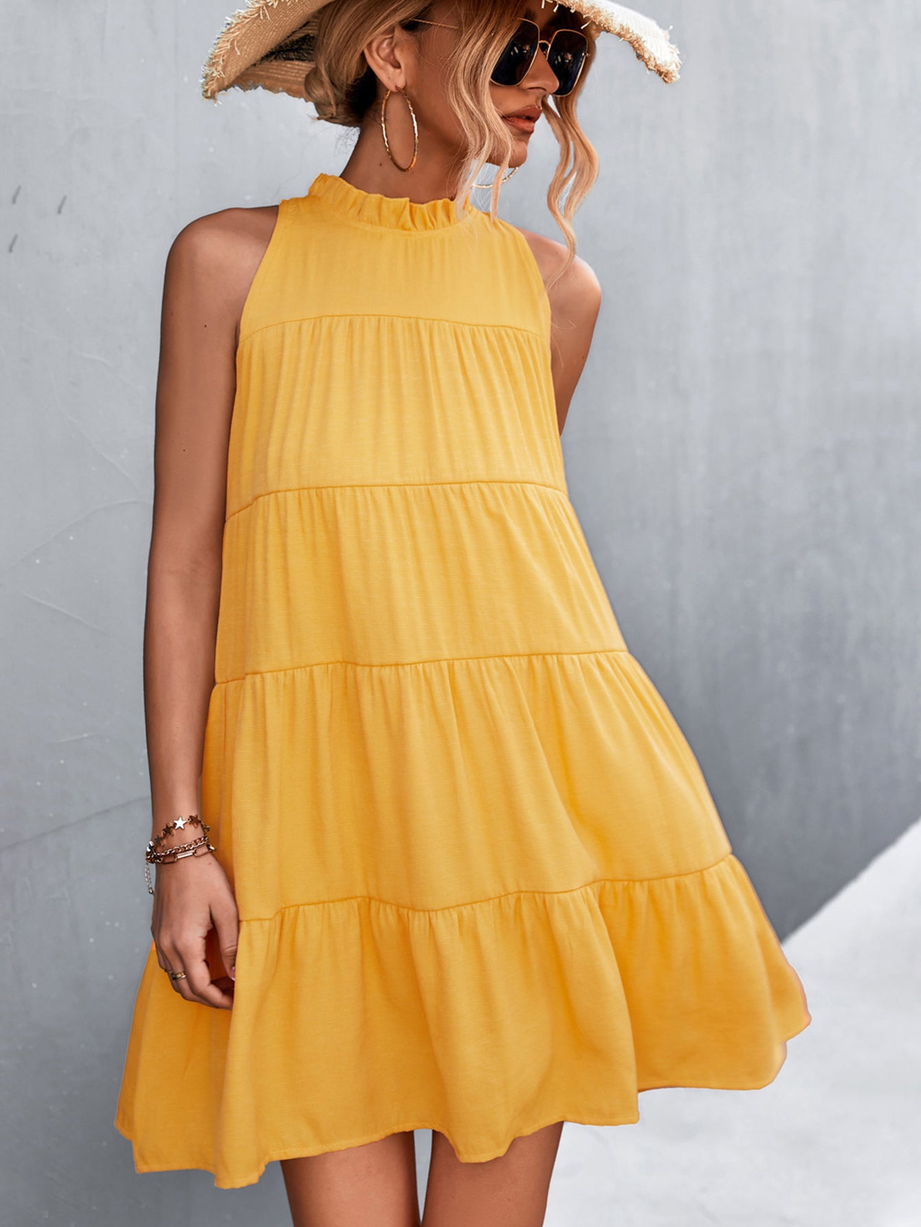 Tie Back Mock Neck Tiered Dress