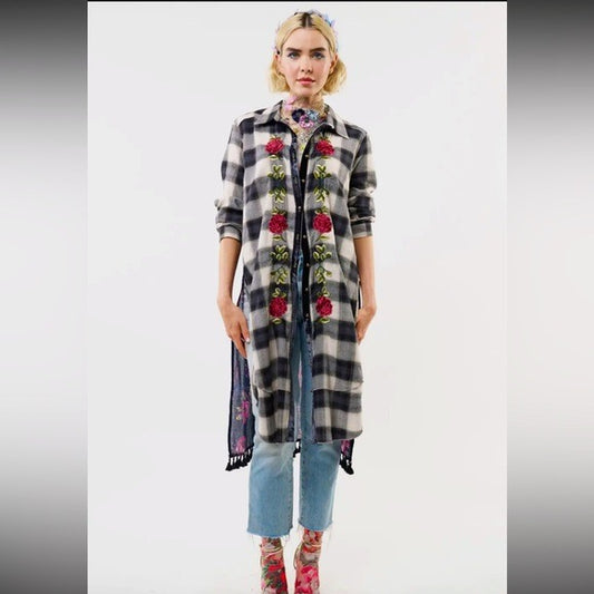 ARATTA Feeling Special Embroidered High Low Plaid Shirtt Dress With Fringe