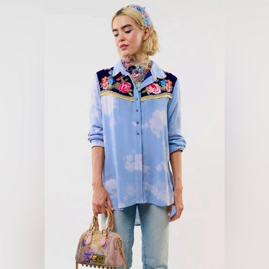 ARATTA  Miss Texas Shirt Embroidered Boho Chic Blouse Blue