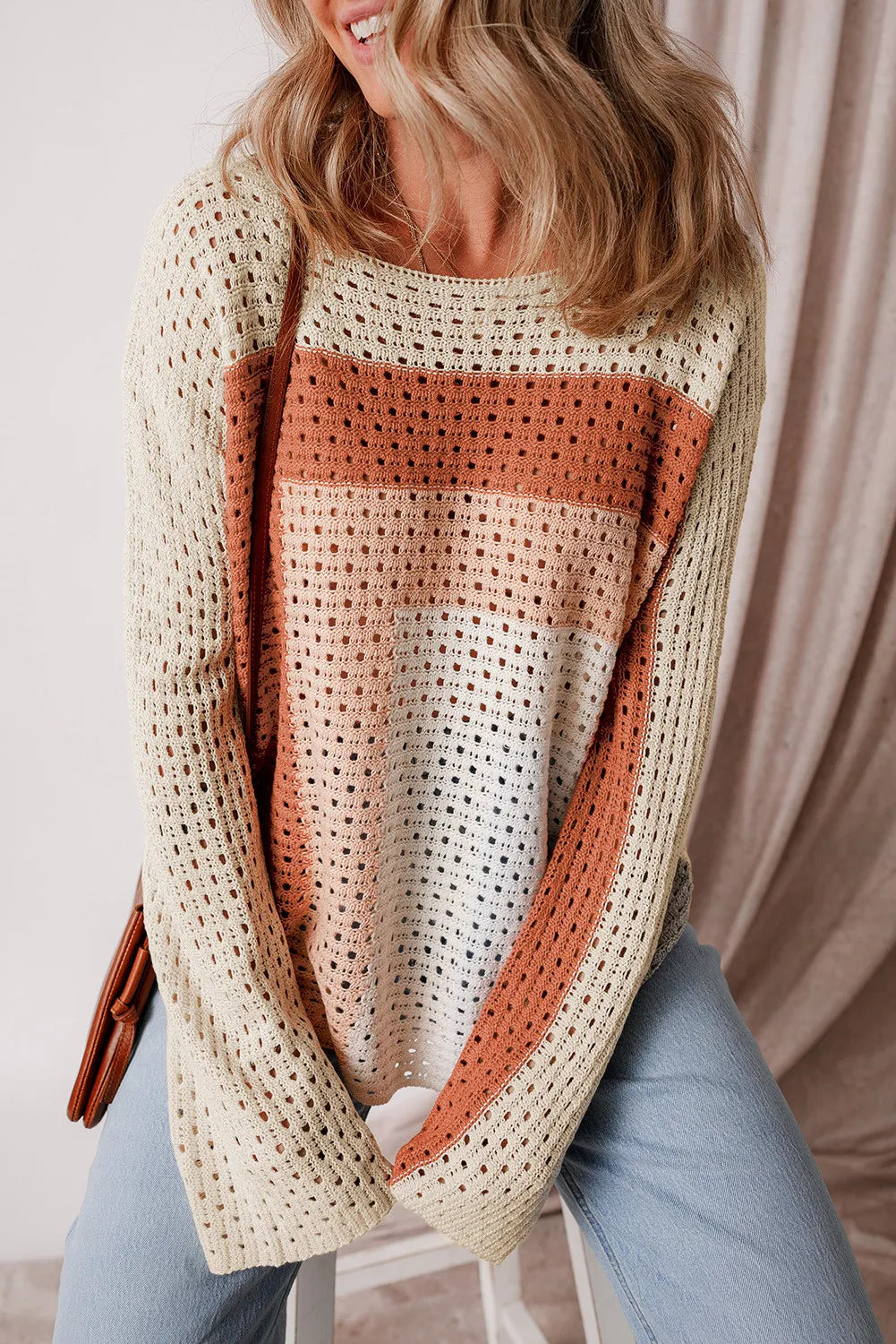 Openwork Color Block Long Sleeve Knit Top