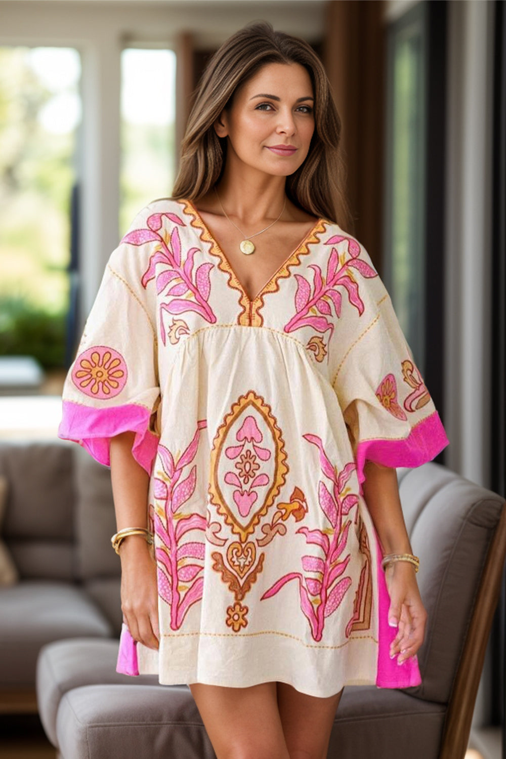 Printed V-Neck Three-Quarter Sleeve Mini Dress