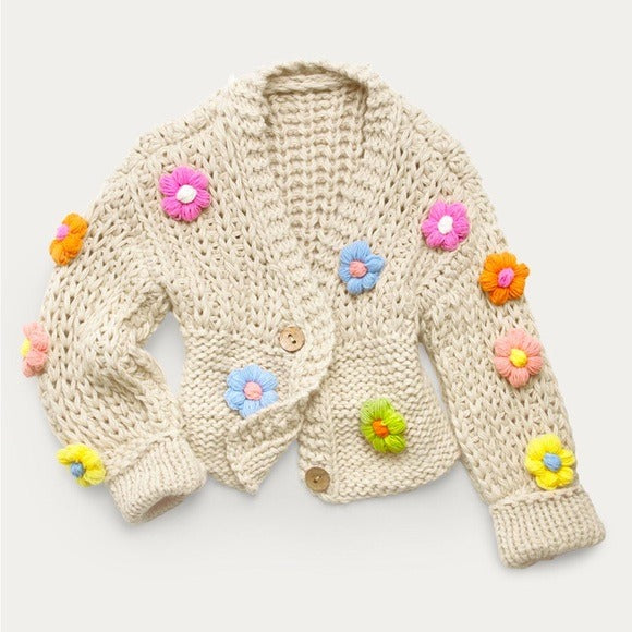 SAACHI Anthropologie Knitted Floral Appliqué Cardigan With Buttons