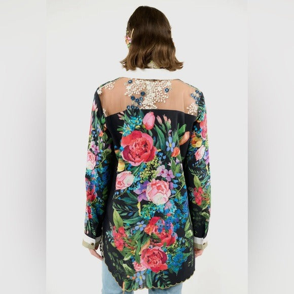 ARATTA Black & Vibrant Floral Embroidered Button Up Blouse with Embellishments