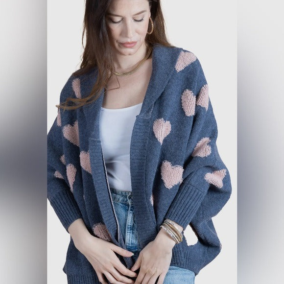 Anthropologie SAACHI Cozy Oversized Blue Heart Cardigan Sweater