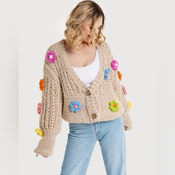 SAACHI Anthropologie Knitted Floral Appliqué Cardigan With Buttons