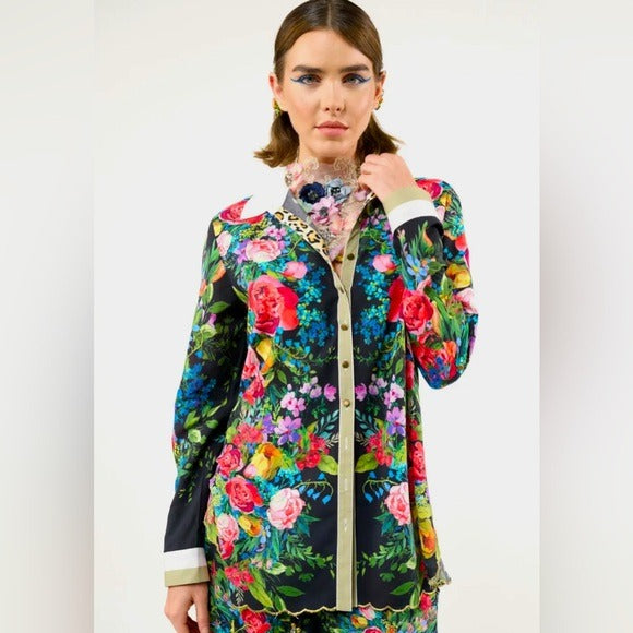 ARATTA Black & Vibrant Floral Embroidered Button Up Blouse with Embellishments