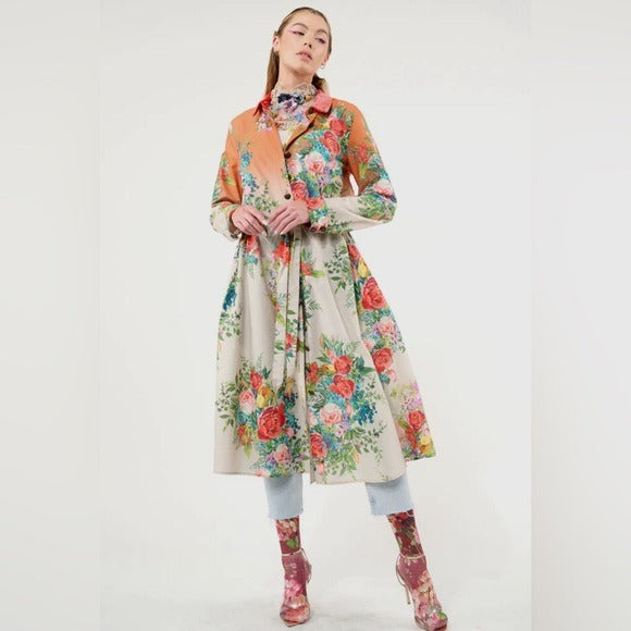 ARATTA Boho Luxe Floral Ombré Embellished Zinnia Shirt Dress withh Velvet Collar