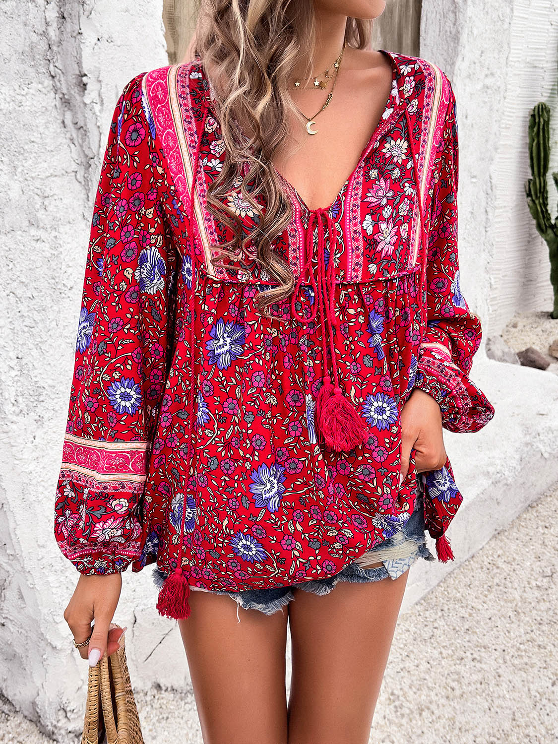 Devine Printed Tie Neck Long Sleeve Blouse