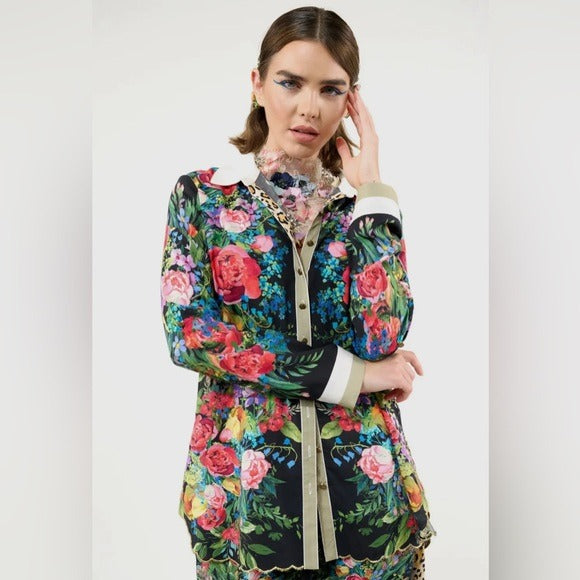 ARATTA Black & Vibrant Floral Embroidered Button Up Blouse with Embellishments