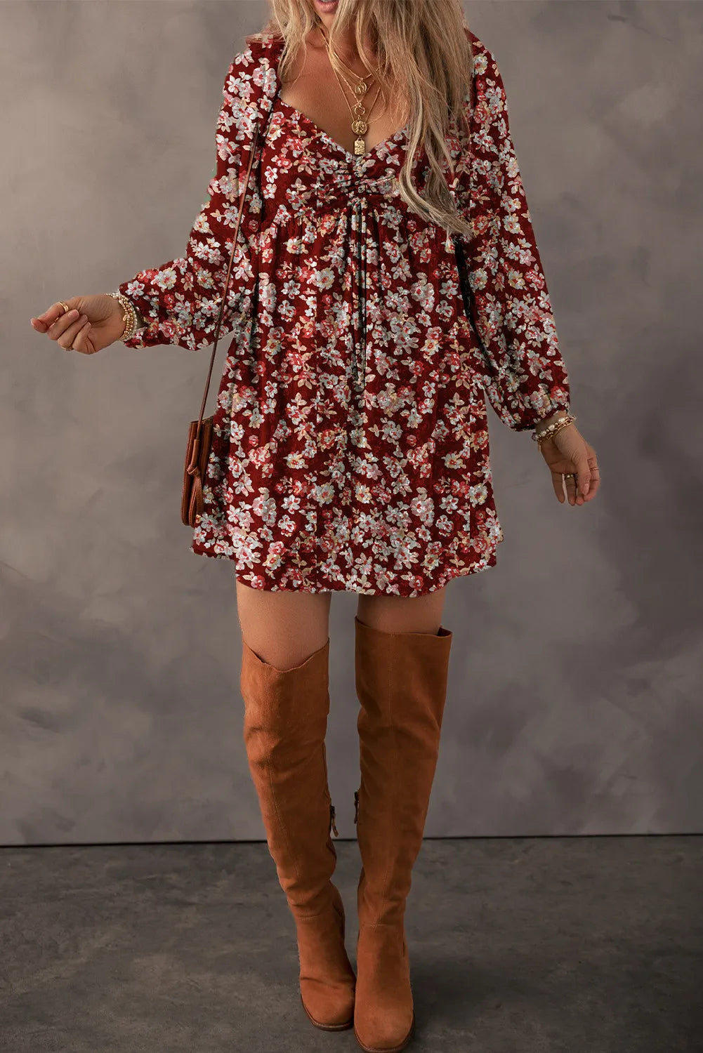 Ruched Printed Long Sleeve Mini Dress