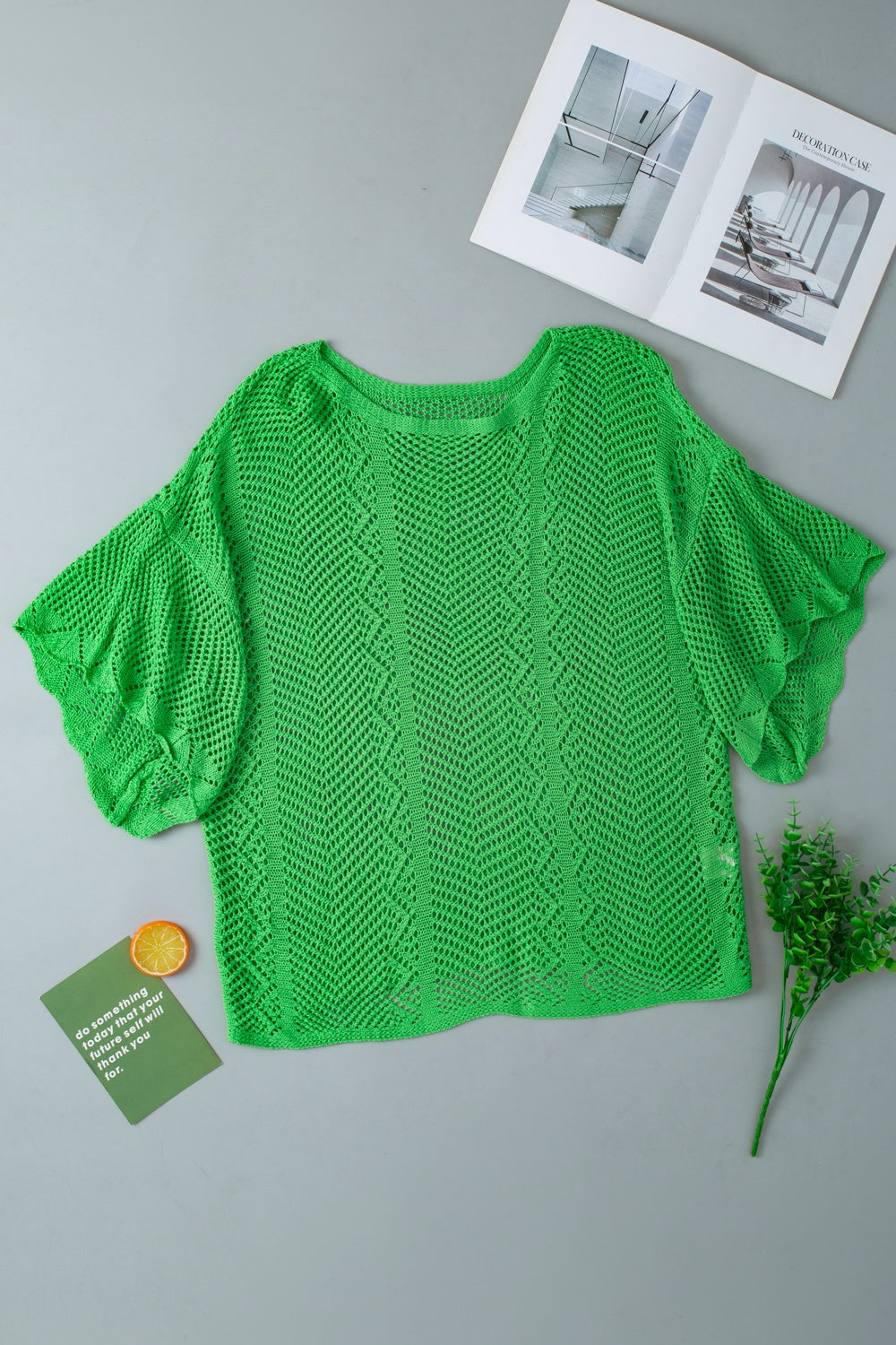 Openwork Round Neck Half Sleeve Knit Top