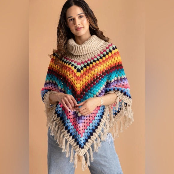 SAACHI/ Anthropologie RAINBOW CROCHET TURTLENECK SWEATER PONCHO