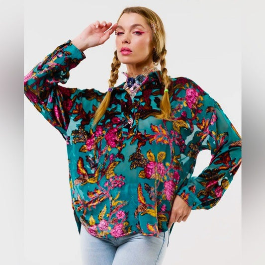 ARATTA Colorful Embroidered Unique Holiday Jewels Days Blouse Teal