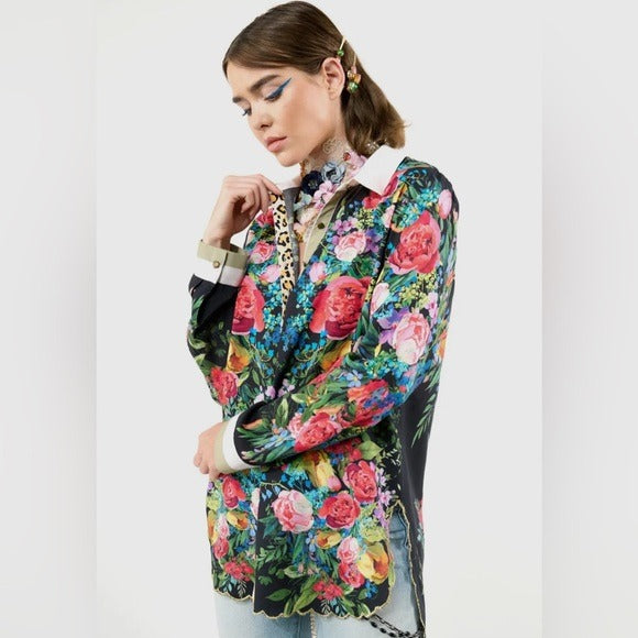 ARATTA Black & Vibrant Floral Embroidered Button Up Blouse with Embellishments