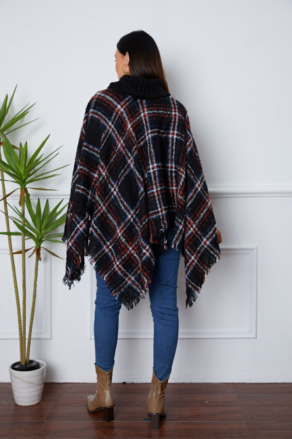 Shiny Turtleneck Plaid Raw Hem Sweater