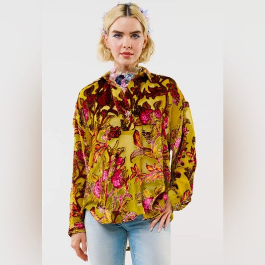 ARATTA Burnout Velvet Holiday Jewels Blouse Crystal Brooch