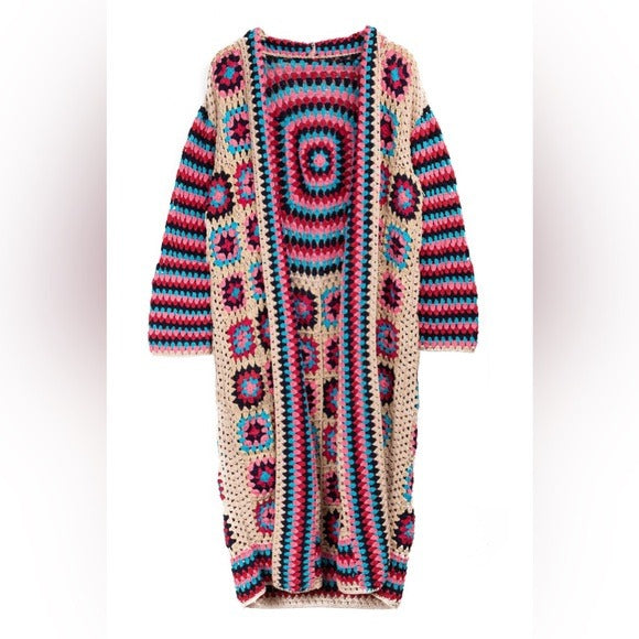 Anthropologie SAACHI Cozy Oversized Boho Granny Square Crochet Kimono Sw…