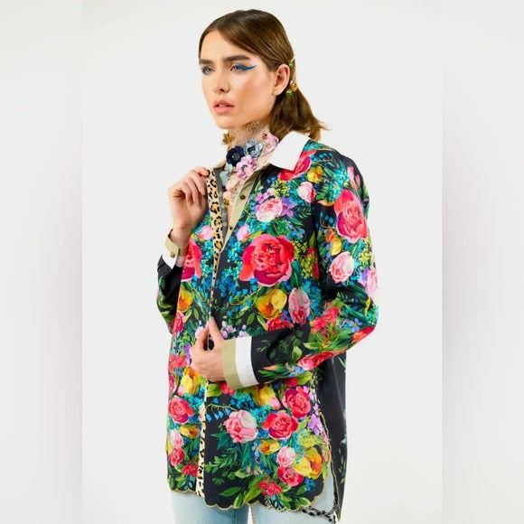 ARATTA Black & Vibrant Floral Embroidered Button Up Blouse with Embellishments