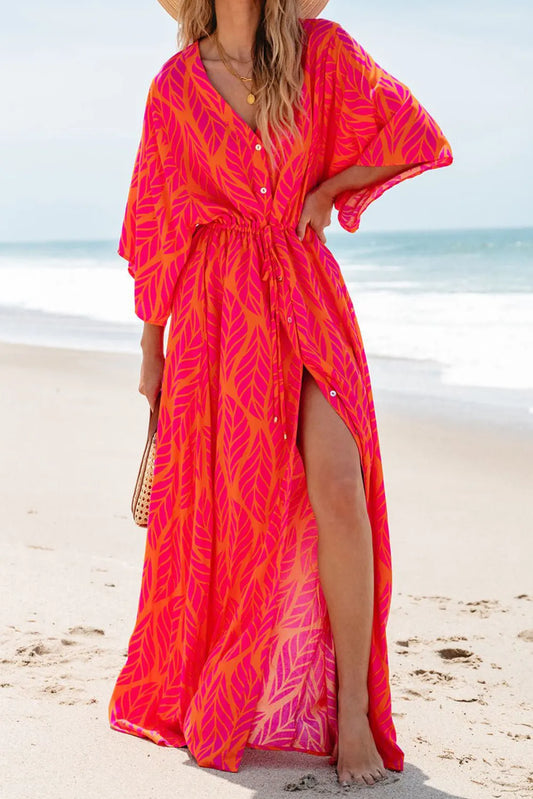 Drawstring Printed V-Neck Maxi Dress