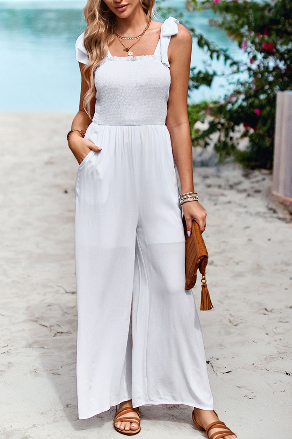 Devine Frill Trim Tie Shoulder Wide Leg Jumpsuit with Pockets