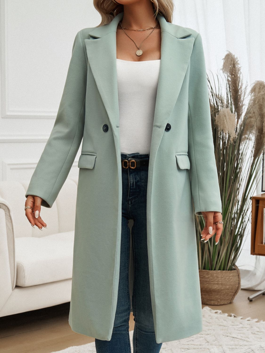 Devine Pocketed Collared Neck Long Sleeve Coat