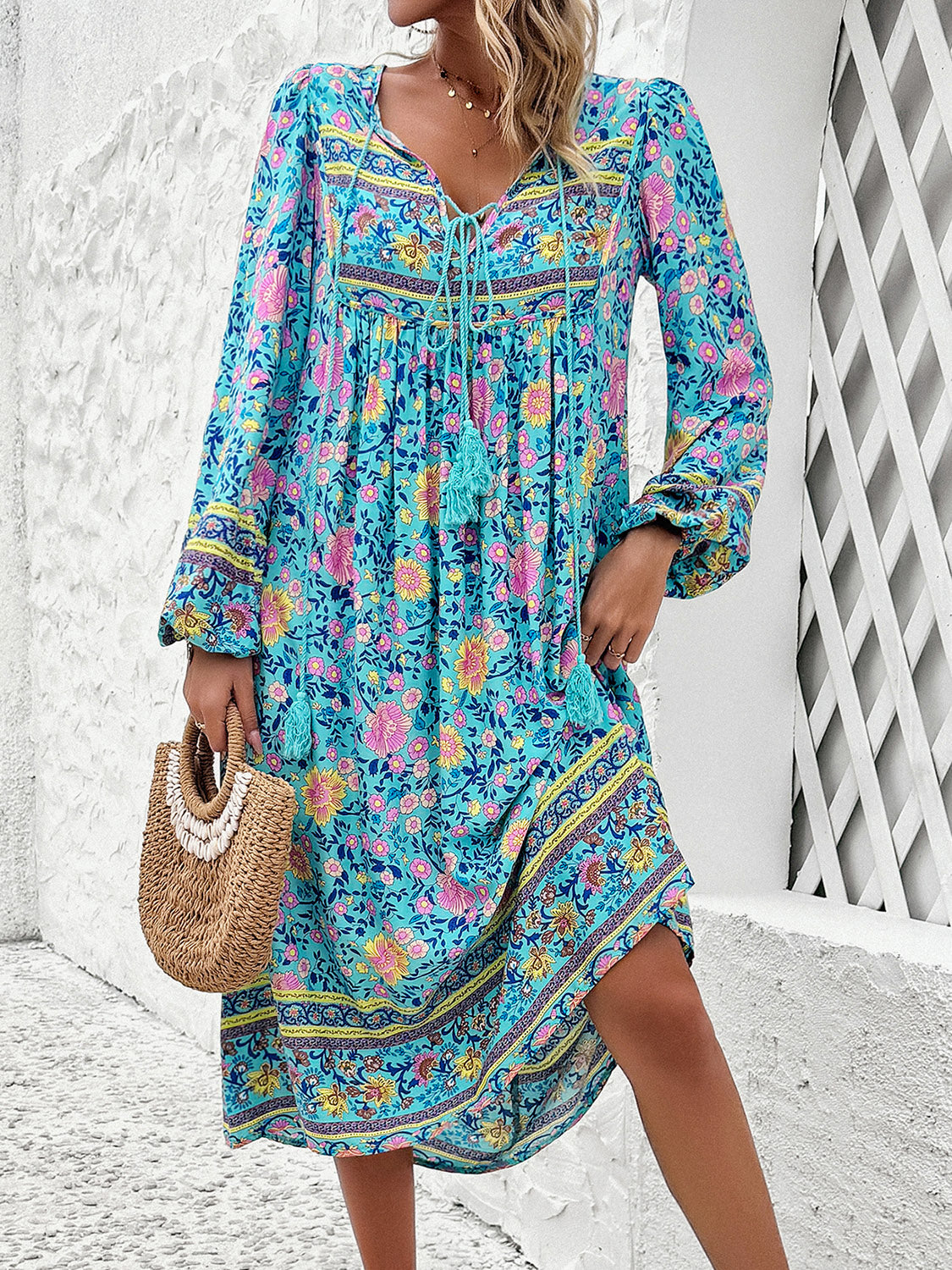 Devine Tassel Tied Printed Long Sleeve Dress