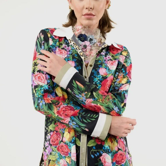 ARATTA Black & Vibrant Floral Embroidered Button Up Blouse with Embellishments