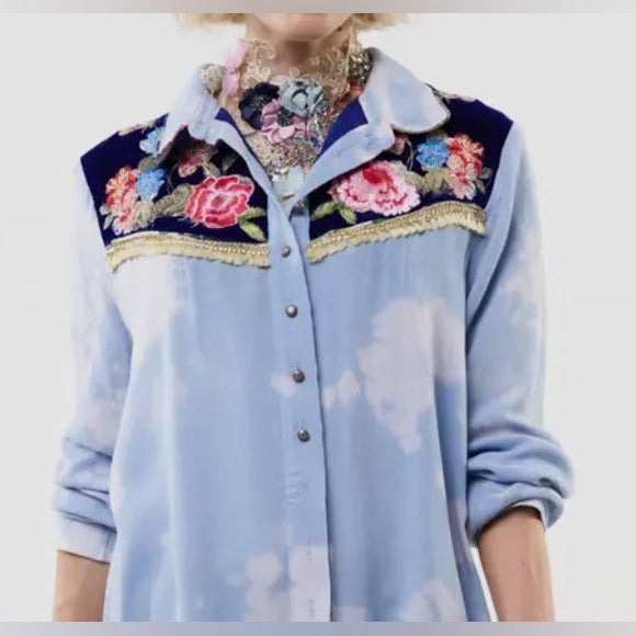 ARATTA  Miss Texas Shirt Embroidered Boho Chic Blouse Blue