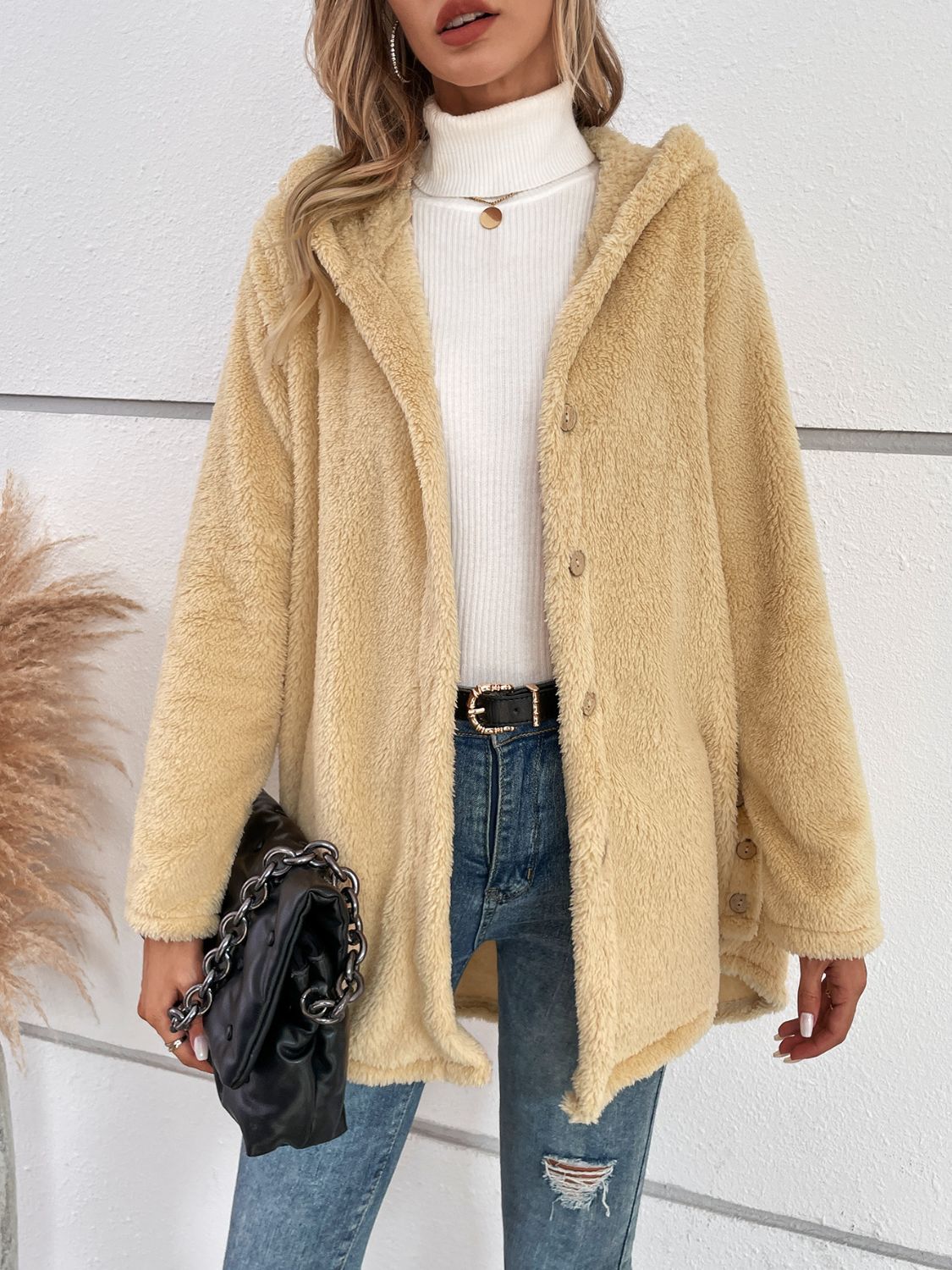 Fuzzy Button Up Hooded Jacket