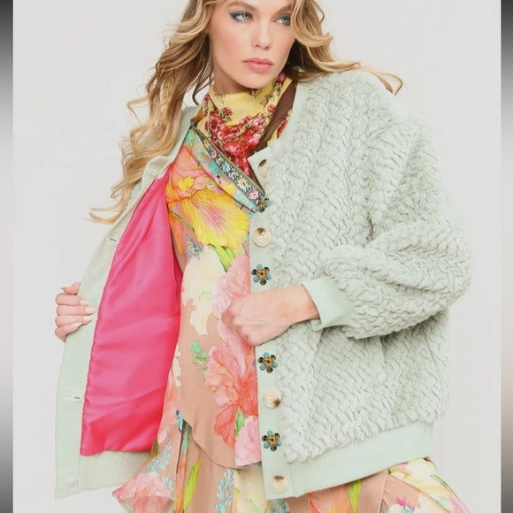 ARATTA - Cozy Nellie Satin Lined Winter Mint Fur Jacket with Crystal Buttons