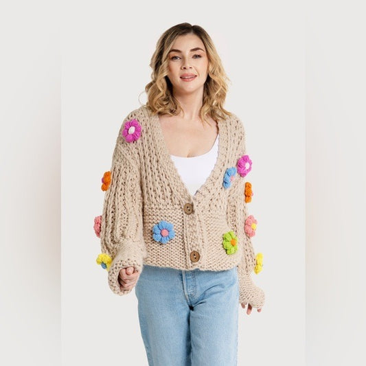 SAACHI Anthropologie Knitted Floral Appliqué Cardigan With Buttons