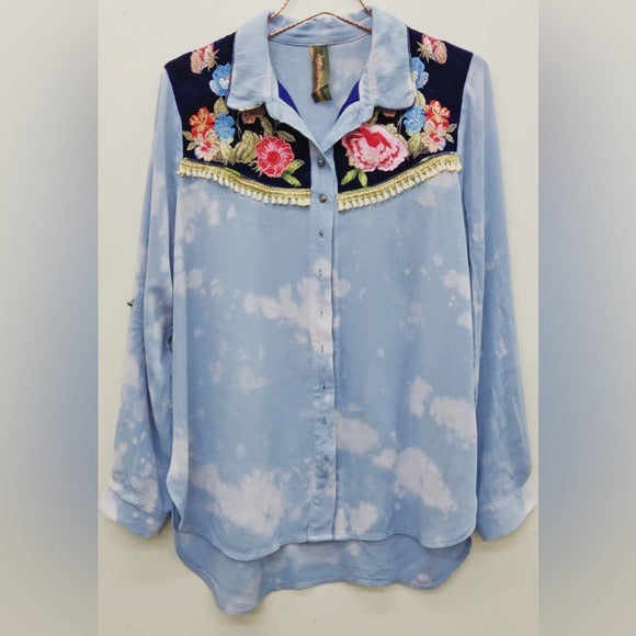 ARATTA  Miss Texas Shirt Embroidered Boho Chic Blouse Blue