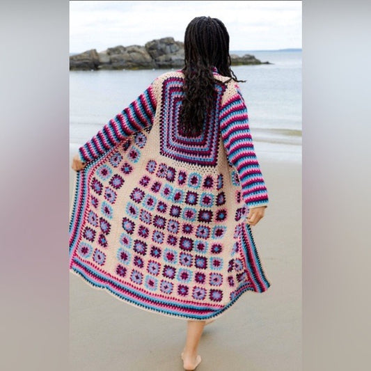 Anthropologie SAACHI Cozy Oversized Boho Granny Square Crochet Kimono Sw…