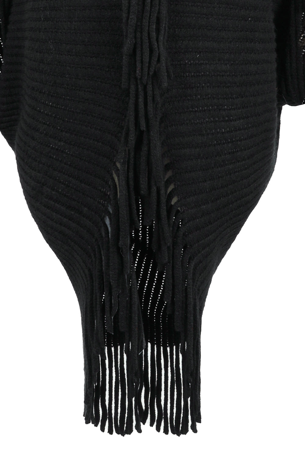 Fringe Detail Long Sleeve Ribbed Poncho +