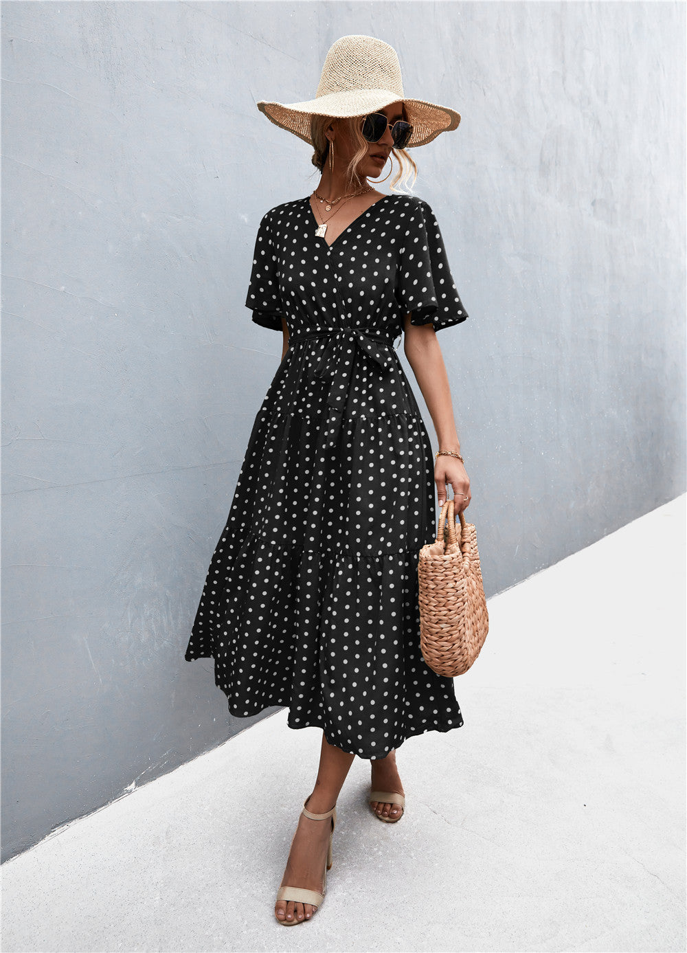 Printed V-Neck Flutter Sleeve Belted Dress