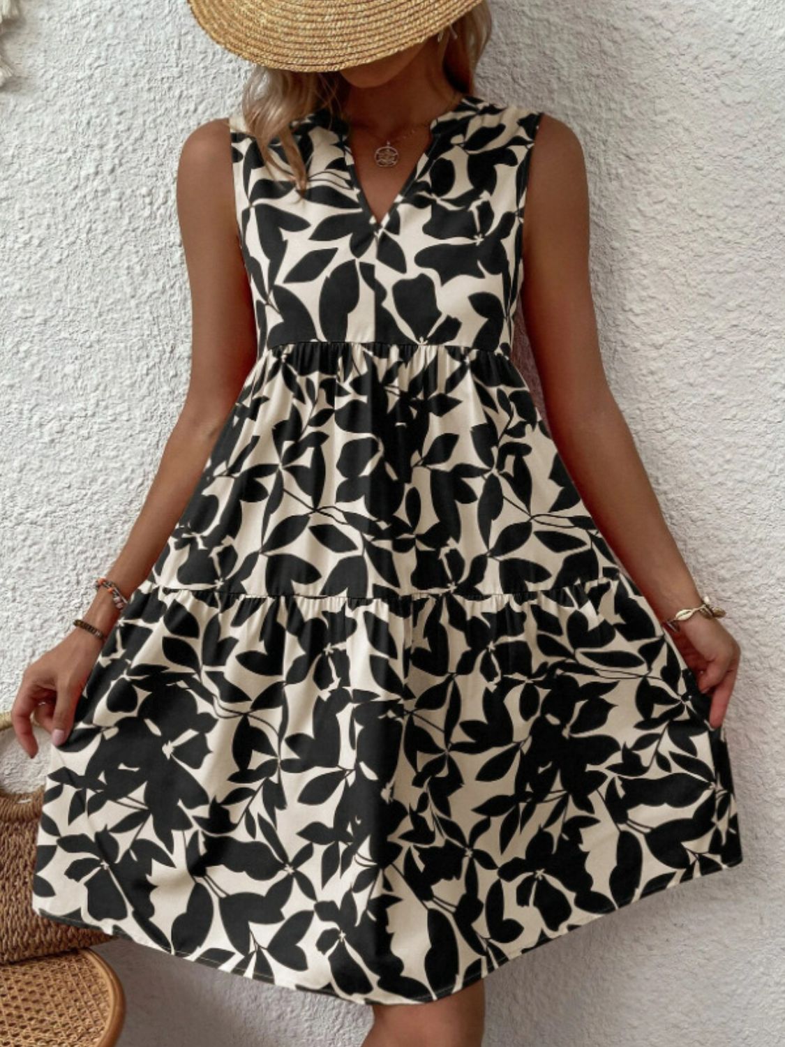 Printed Notched Sleeveless Mini Dress